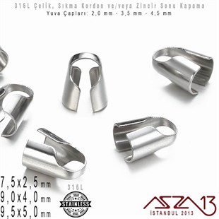 316L Çelik / Kordon, Zincir Sonu Kapama / 7,5x2,5 mm, 9,0x4,0 mm ve 9,5x5,0 mm