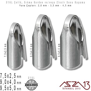 316L Çelik / Kordon, Zincir Sonu Kapama / 7,5x2,5 mm, 9,0x4,0 mm ve 9,5x5,0 mm