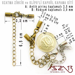 Antik Pirinç ve Rodyum Kaplamalı Klipsli ve Uzatma Zincirli Kapsül Kapama / Paket İçeriği 1 Set