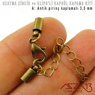 Antik Pirinç ve Rodyum Kaplamalı Klipsli ve Uzatma Zincirli Kapsül Kapama / Paket İçeriği 1 Set