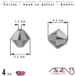 4x4 mm - Kristal - Metalik Rodyum - Bikon (Piramit) Boncuk / 115 Adet