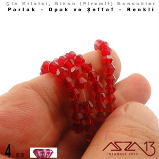 4x4 mm - Kristal - Şeffaf Siam - Bikon (Piramit) Boncuk / 115 Adet