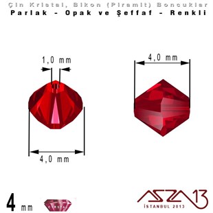 4x4 mm - Kristal - Şeffaf Siam - Bikon (Piramit) Boncuk / 115 Adet