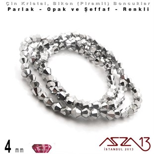 4x4 mm - Kristal - Metalik Rodyum - Bikon (Piramit) Boncuk / 115 Adet