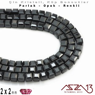 2x2 mm - Kristal - Opak Siyah - Küp Boncuk / 195 Adet