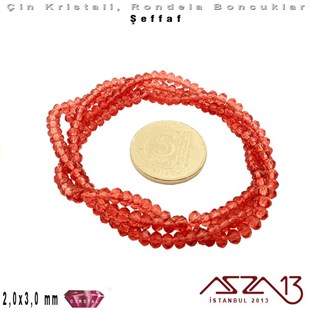 Şeffaf - 2x3 mm - Açık Siam - Kristal Rondela Boncuk / 200 Adet