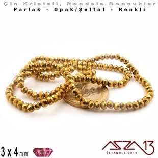 3x4 mm - Kristal - Efektli Metalik Altın - Rondela Boncuk / 145 Adet