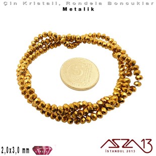 Metalik - 2x3 mm - Altın - Kristal Rondela Boncuk / 200 Adet