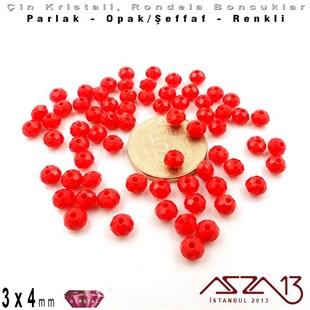 3x4 mm - Kristal - Opak Bayrak Kırmızı - Rondela Boncuk / 145 Adet