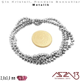 Metalik - 2x3 mm - Gümüş - Kristal Rondela Boncuk / 200 Adet