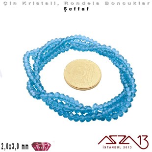 Şeffaf - 2x3 mm - Buz Mavisi - Kristal Rondela Boncuk / 200 Adet
