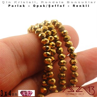3x4 mm - Kristal - Efektli Metalik Altın - Rondela Boncuk / 145 Adet