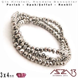 3x4 mm - Kristal - Efektli Metalik Gümüş - Rondela Boncuk / 145 Adet