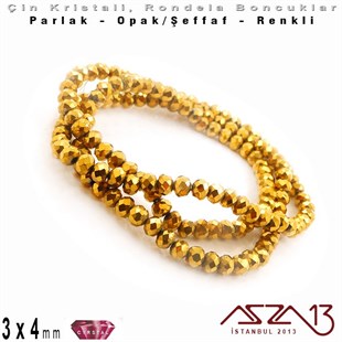 3x4 mm - Kristal - Efektli Metalik Altın - Rondela Boncuk / 145 Adet