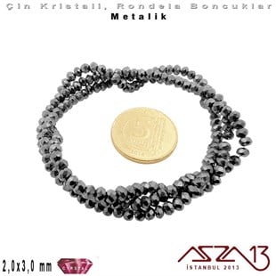 Metalik - 2x3 mm - Antrasit - Kristal Rondela Boncuk / 200 Adet