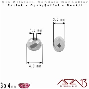 3x4 mm - Kristal - Efektli Metalik Gümüş - Rondela Boncuk / 145 Adet