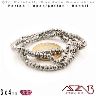 3x4 mm - Kristal - Efektli Metalik Gümüş - Rondela Boncuk / 145 Adet