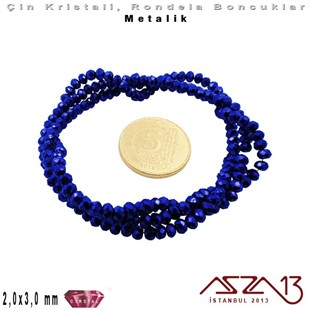 Metalik - 2x3 mm - Saks Mavi - Kristal Rondela Boncuk / 200 Adet