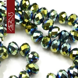6x8 mm - Kristal - Metalik Altınlı Yeşil - Rondela Boncuk / 70 Adet