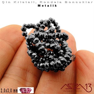 Metalik - 2x3 mm - Antrasit - Kristal Rondela Boncuk / 200 Adet