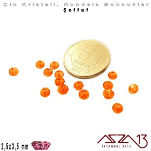 Şeffaf - 2,5x3,5 mm - Turuncu - Kristal Rondela Boncuk / 150 Adet