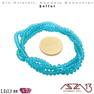 Şeffaf - 2x3 mm - Turkuaz - Kristal Rondela Boncuk / 200 Adet