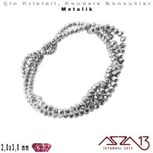Metalik - 2x3 mm - Gümüş - Kristal Rondela Boncuk / 200 Adet