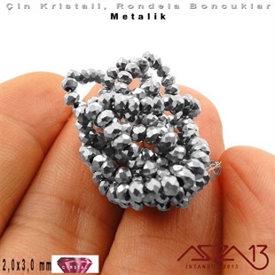 Metalik - 2x3 mm - Gümüş - Kristal Rondela Boncuk / 200 Adet
