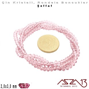 Şeffaf - 2x3 mm - Şeker Pembe - Kristal Rondela Boncuk / 200 Adet
