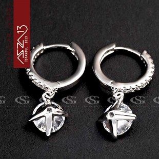 Kristal Taşlı Halka Kanca Üzerinde Zirkon Elmas Sallantılı Platinyum Küpe