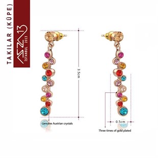 Renkli Kristal Taşlı Uzun Sallantı Altın Küpe