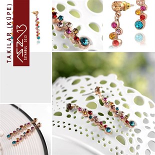 Renkli Kristal Taşlı Uzun Sallantı Altın Küpe