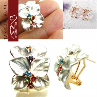 Renkli Kristal Taşlı ve Mineli Rose Altın Kaplama Küpe