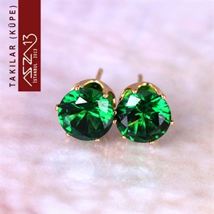 Yuvarlak Emerald Zirkon Taşlı Tırnaklı Altın Küpe
