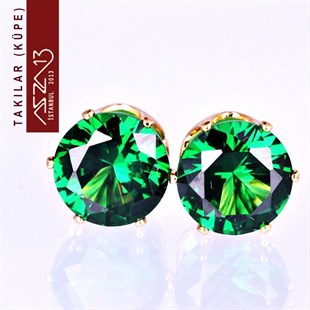 Yuvarlak Emerald Zirkon Taşlı Tırnaklı Altın Küpe