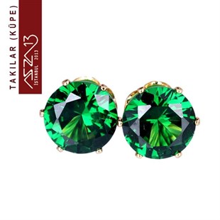 Yuvarlak Emerald Zirkon Taşlı Tırnaklı Altın Küpe