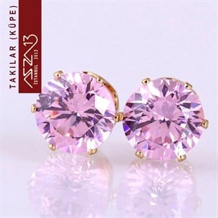 Yuvarlak Rose Zirkon Taşlı Tırnaklı Altın Küpe