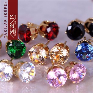 Yuvarlak Rose Zirkon Taşlı Tırnaklı Altın Küpe