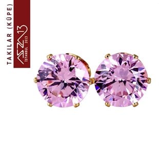 Yuvarlak Rose Zirkon Taşlı Tırnaklı Altın Küpe