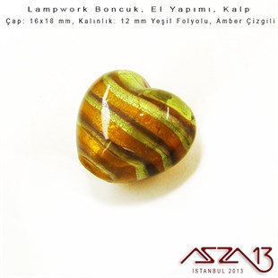 Amber-Yeşil, Kalp, 16x18 mm Lampwork Boncuk / Paket İçeriği 2 Adet