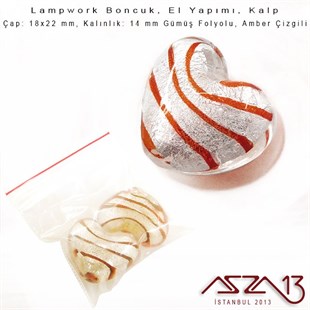 Amber, Kalp, 18x22 mm Lampwork Boncuk / Paket İçeriği 2 Adet