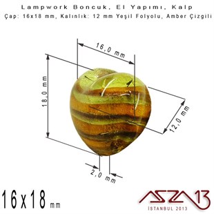 Amber-Yeşil, Kalp, 16x18 mm Lampwork Boncuk / Paket İçeriği 2 Adet