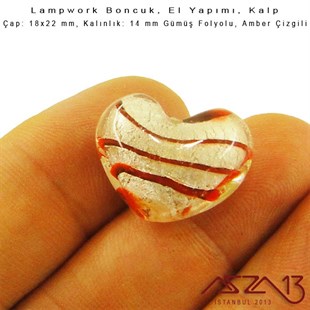 Amber, Kalp, 18x22 mm Lampwork Boncuk / Paket İçeriği 2 Adet