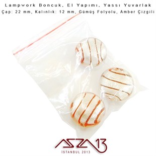 Amber, Yassı Yuvarlak, 22 mm Lampwork Boncuk / Paket İçeriği 3 Adet