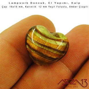 Amber-Yeşil, Kalp, 16x18 mm Lampwork Boncuk / Paket İçeriği 2 Adet