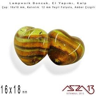 Amber-Yeşil, Kalp, 16x18 mm Lampwork Boncuk / Paket İçeriği 2 Adet