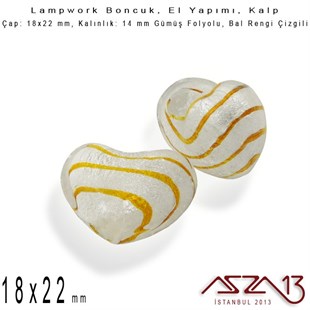 Bal Rengi, Kalp, 18x22 mm Lampwork Boncuk / Paket İçeriği 2 Adet