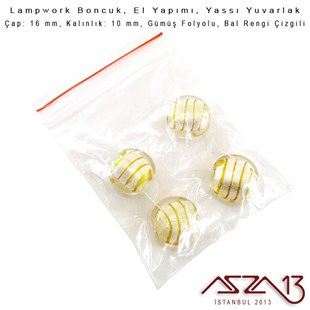 Bal Rengi, Yassı Yuvarlak, 16 mm Lampwork Boncuk / Paket İçeriği 4 Adet