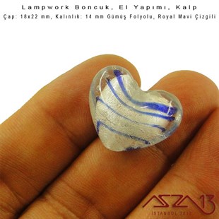 Royal Mavi, Kalp, 18x22 mm Lampwork Boncuk / Paket İçeriği 2 Adet
