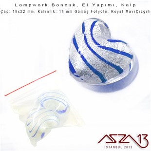Royal Mavi, Kalp, 18x22 mm Lampwork Boncuk / Paket İçeriği 2 Adet